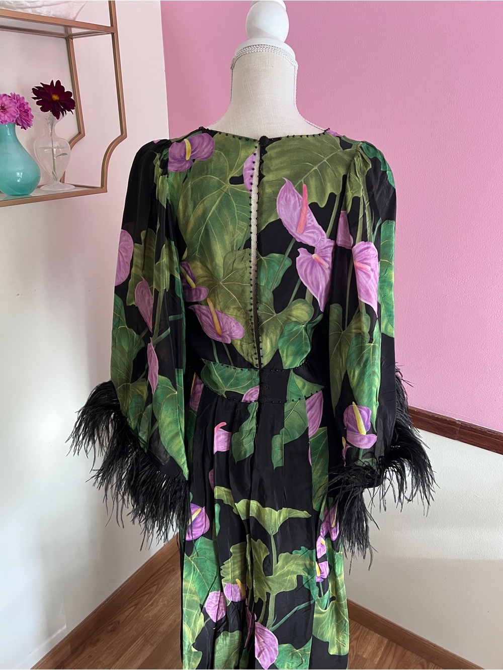 Black Anthurium Kaftan with Feather Detail from Farm Rio - Picture 5 of 10
